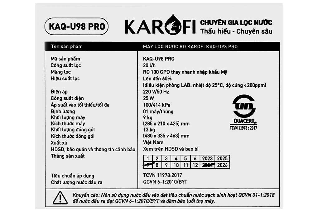 Máy lọc nước RO Hydrogen 10 lõi Karofi KAQ-U98 Pro